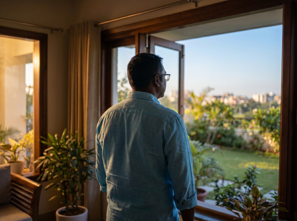 Joel from behind, looking out through a doorway at a sunlit garden
